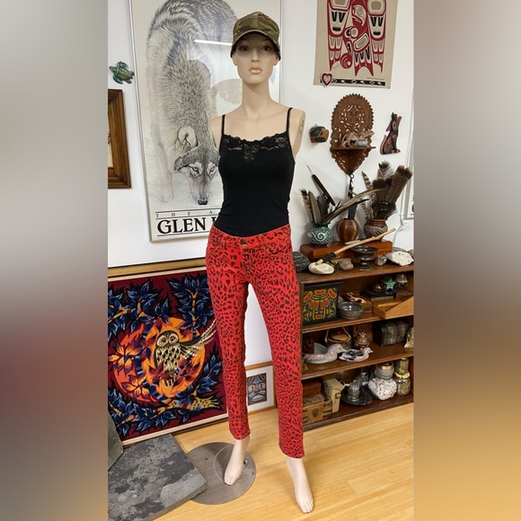 Orangish-Red Skinny Jeans with Black Leopard Spots - Picture 2 of 11